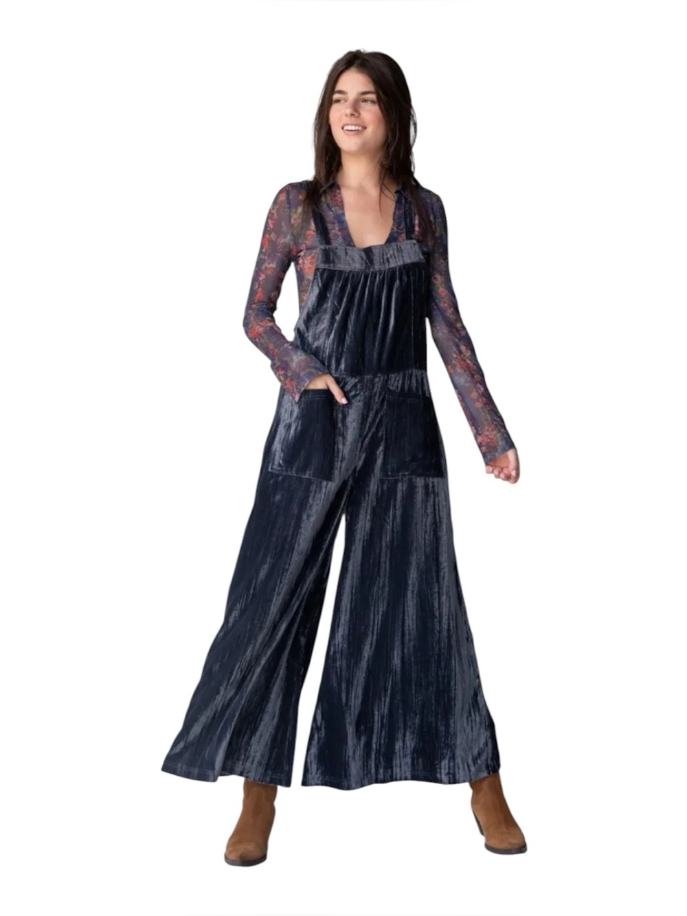 Natural Life Tie Velvet Overalls Charcoal Gray Size Small Wide Leg Boho